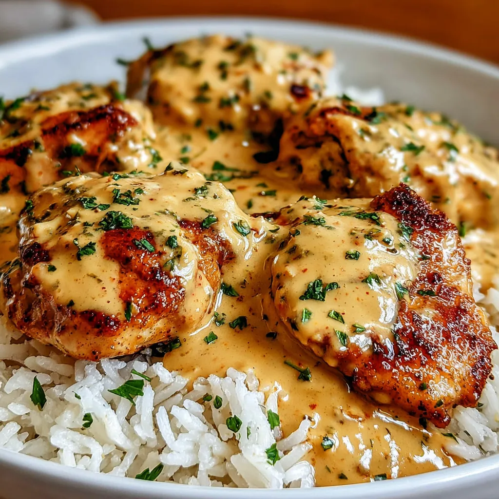 Creamy Smothered Chicken And Rice is shown in a second appetizing photo, highlighting its creamy sauce and perfectly cooked rice.