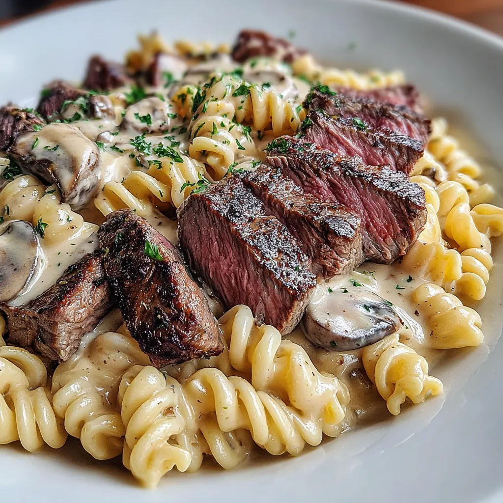 Close-up shot of a freshly prepared plate of Creamy Steak Pasta, showcasing its rich sauce and tender steak pieces.