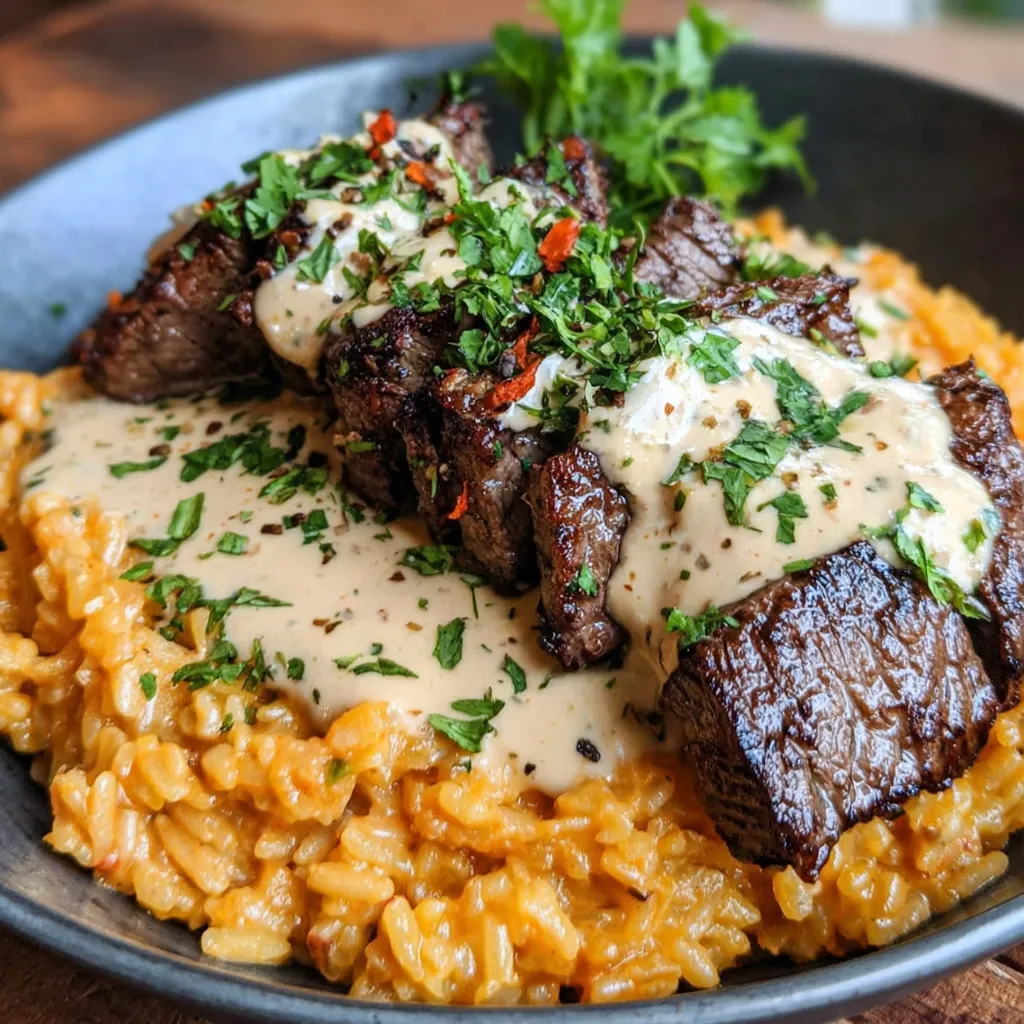 Close-up of a delicious plate of Creamy Steak Queso Rice, showcasing the creamy texture and savory ingredients.