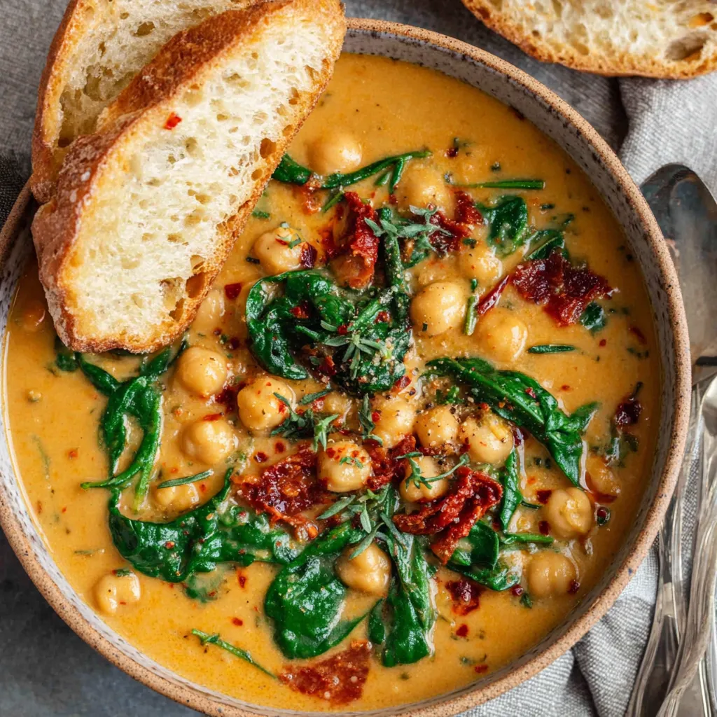 Close-up of Creamy Tuscan Chickpea Soup in a bowl, showcasing its creamy texture and vibrant ingredients.