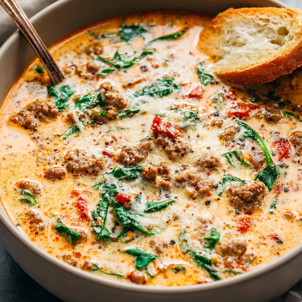 A close-up shot showcases the rich texture and appetizing ingredients of a bowl of Creamy Tuscan Soup, complementing the article's second content image.