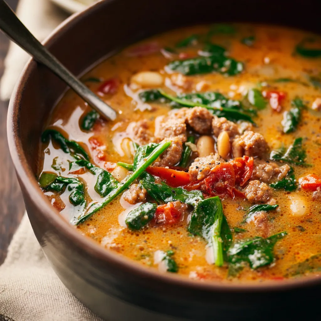 Close-up shot of a bowl of Creamy Tuscan Soup, highlighting its creamy texture and vibrant ingredients.