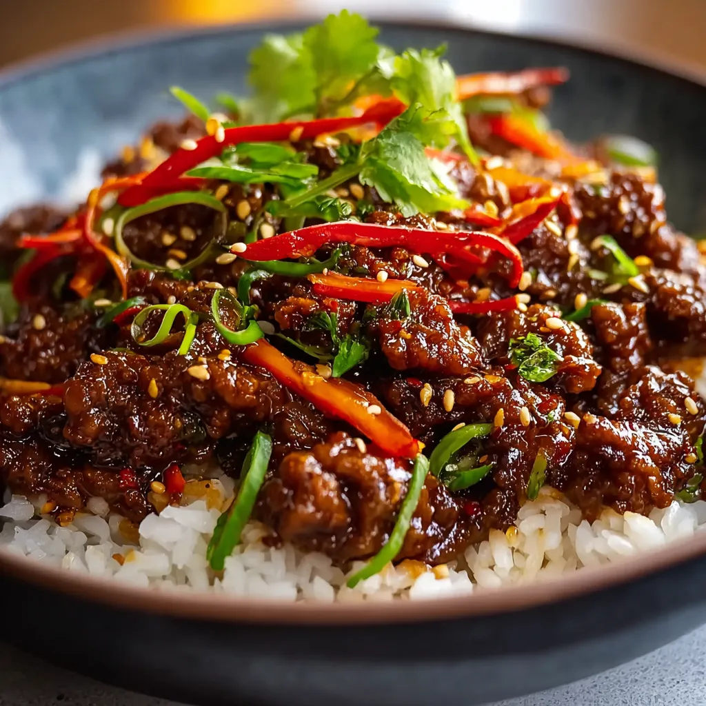 Close-up shot showcasing the delicious textures of the Crispy Chilli Beef Rice dish, highlighting the crispy beef and vibrant vegetables.