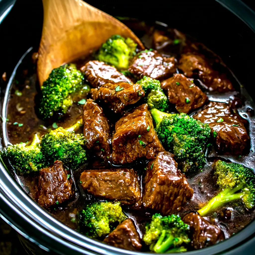 Close-up of delicious Crock Pot Beef & Broccoli simmering in a slow cooker.