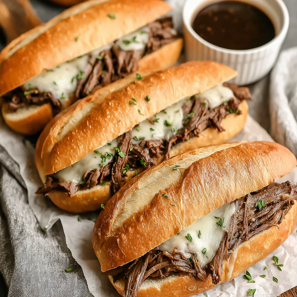 Close-up of juicy Crock Pot French Dip Sandwiches piled high on toasted rolls, ready to be served.