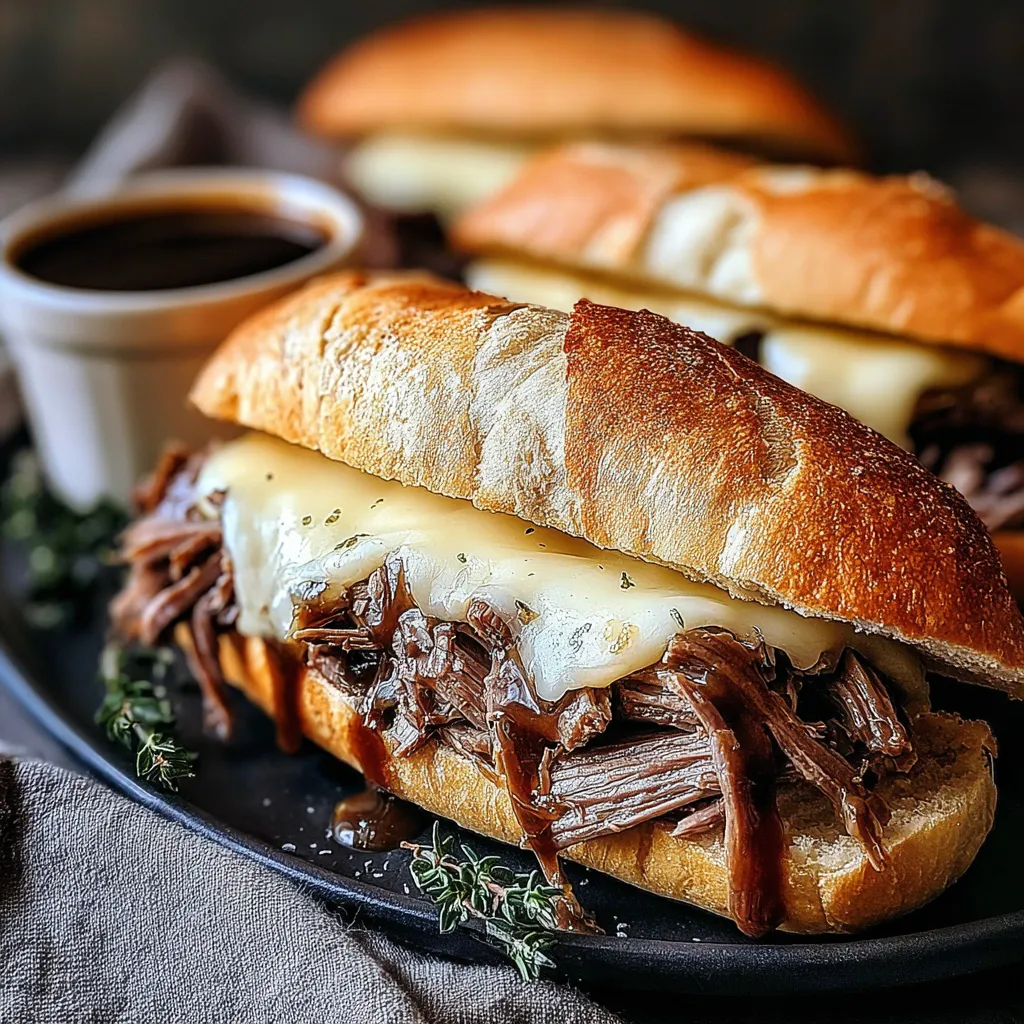 Close-up of juicy Crock Pot French Dip Sandwiches piled high on buns, ready to be served.