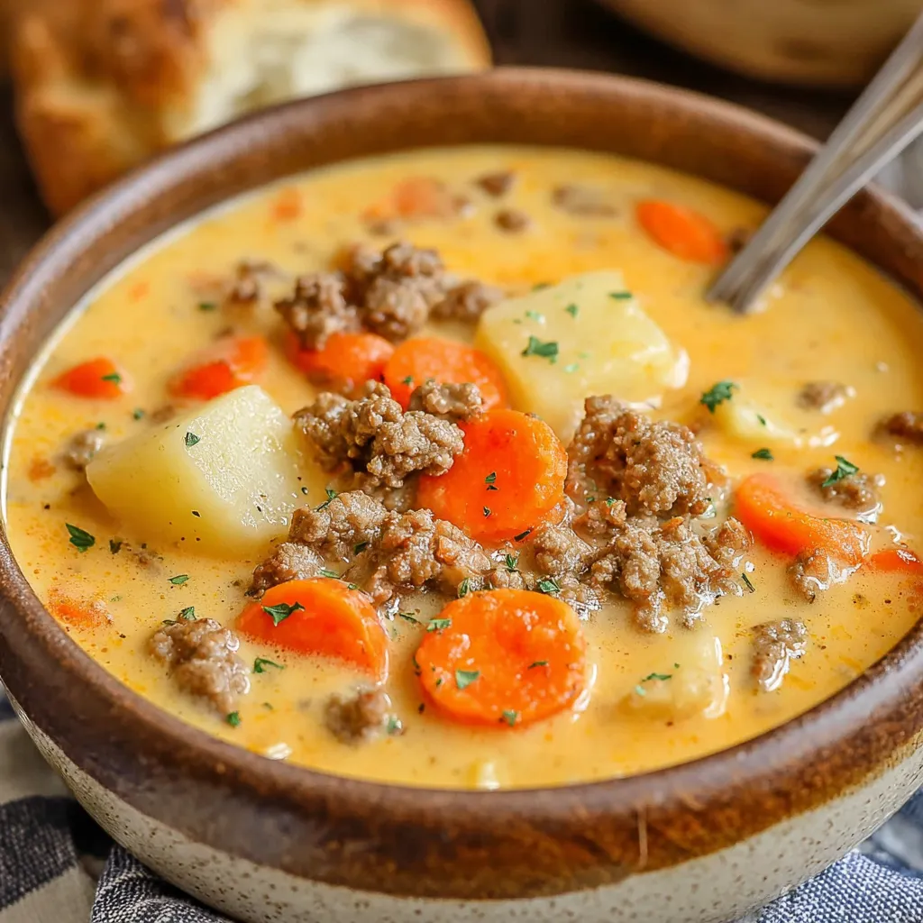 A close-up view of a creamy bowl of Crockpot Cheeseburger Soup garnished with shredded cheese and chopped green onions.