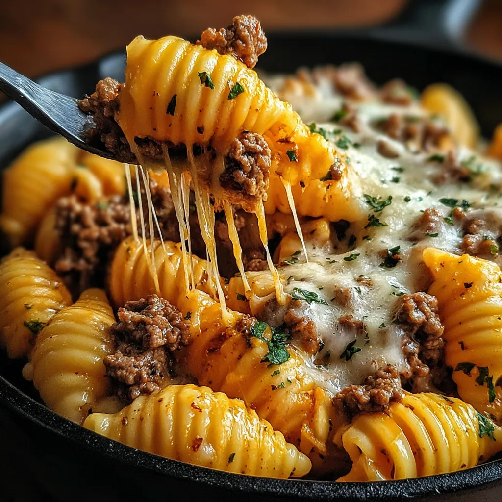 Close-up view of creamy Crockpot Cheesy Ranch Beef Pasta, highlighting the cheesy sauce and tender beef.