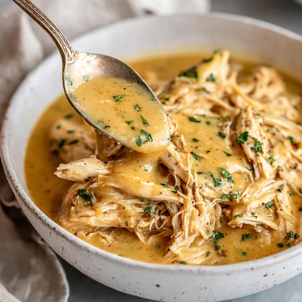 Close-up of flavorful Crockpot Chicken And Gravy served in a white bowl.