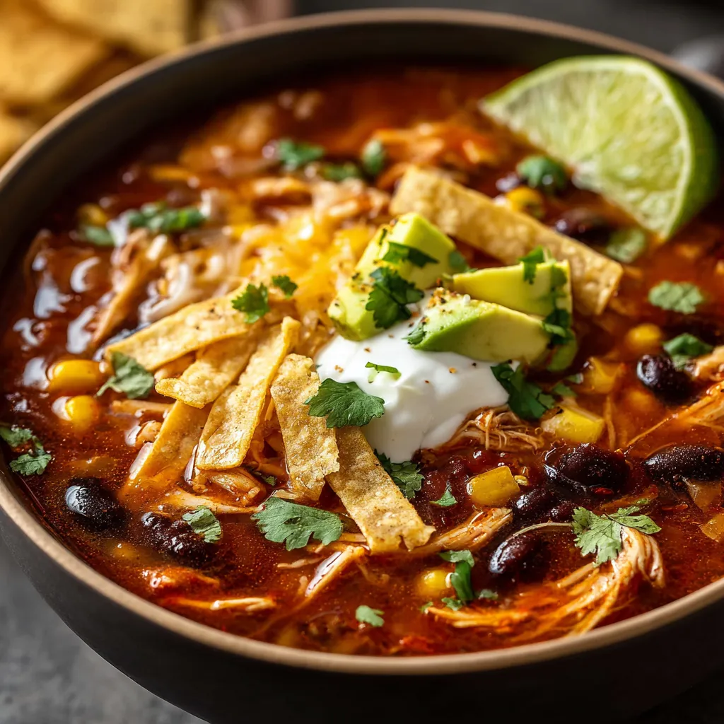 Crockpot Chicken Tortilla Soup Recipe Close-up of a bowl of flavorful Crockpot Chicken Tortilla Soup ready to be served.