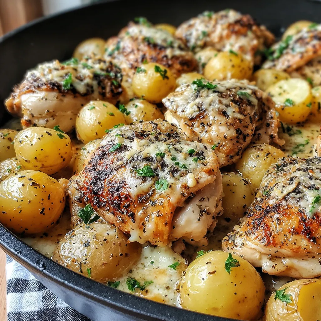 Close-up view of creamy Crockpot Garlic Parmesan Chicken Potatoes, showcasing the tender chicken and flavorful potatoes.