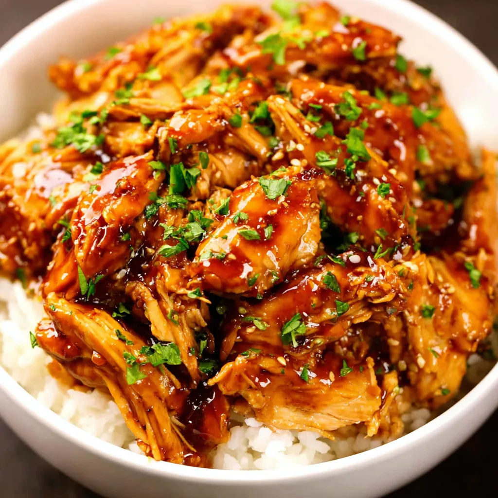 Close-up of juicy Crockpot Teriyaki Chicken served in a bowl, showcasing its flavorful glaze.