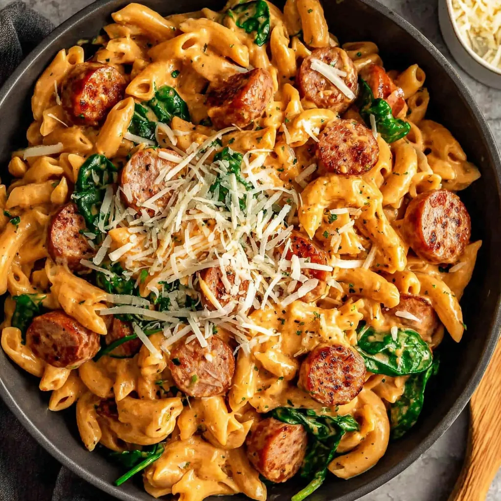 Close-up of a delicious plate of Cajun Sausage Pasta, showcasing the creamy sauce and flavorful sausage.