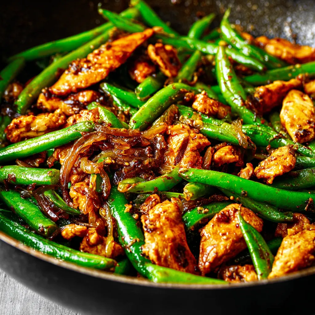 Close-up shot of a delicious and colorful Chicken And Green Bean Stir-Fry, showcasing the vibrant green beans, tender chicken pieces, and flavorful sauce.