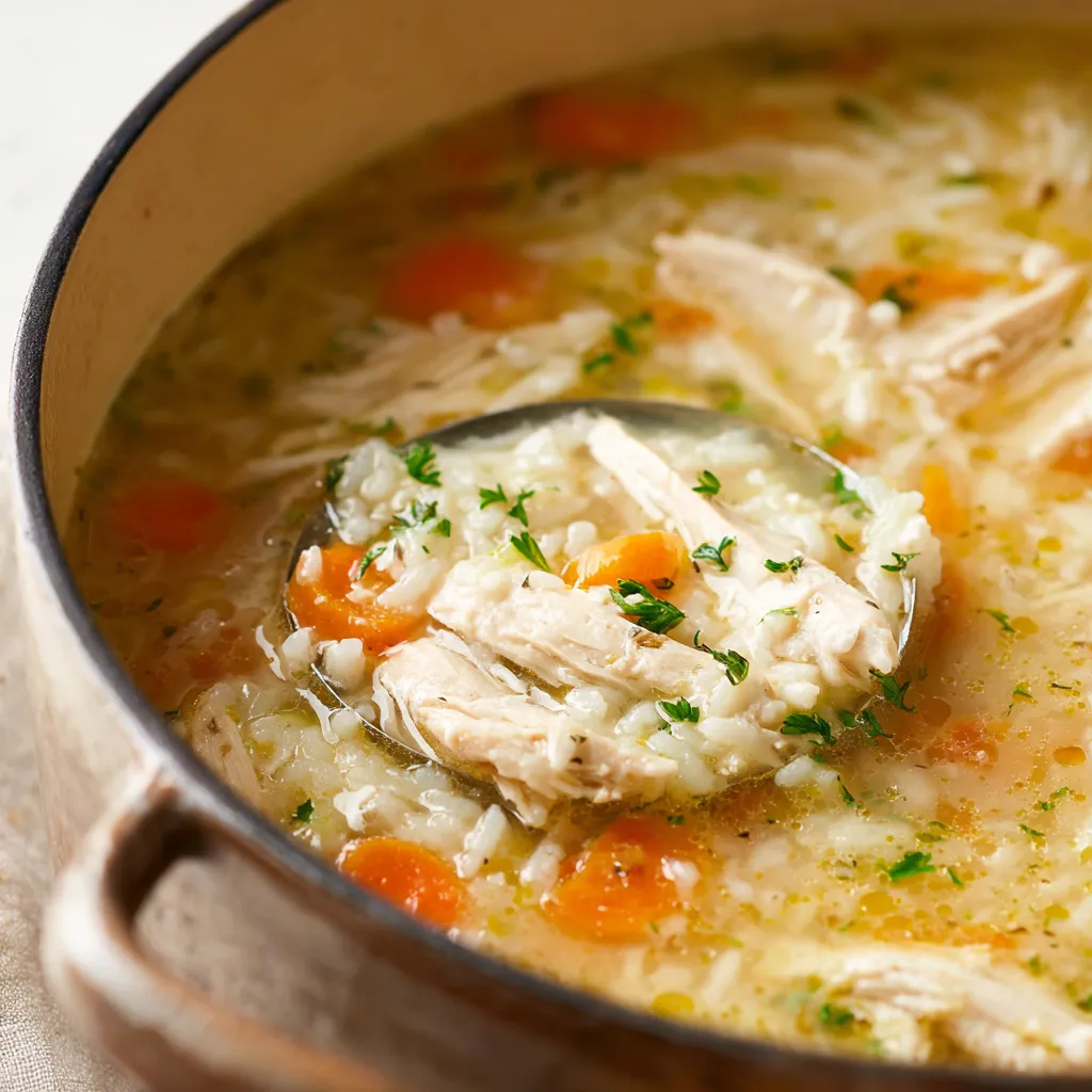 A steaming bowl of homemade Chicken And Rice Soup is shown as a comforting and nutritious meal.