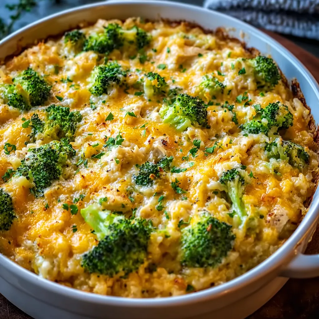 Cheesy Chicken Broccoli Rice Casserole A close-up shot showcases a freshly baked Chicken Broccoli Rice Casserole, highlighting its creamy texture and golden-brown topping.