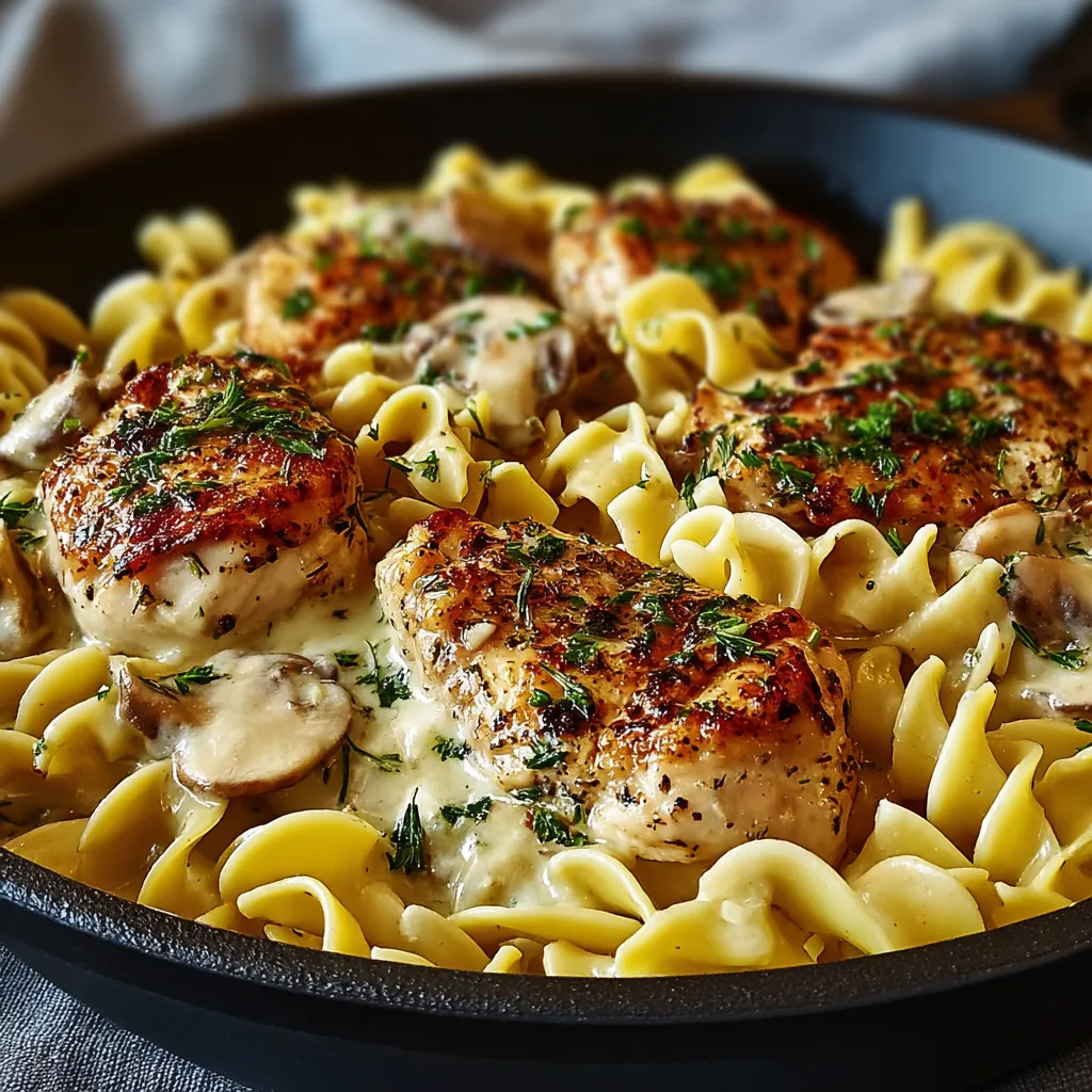 A close-up shot showcases a serving of the creamy and delicious Chicken Buttery Noodle Skillet, ready to be enjoyed.
