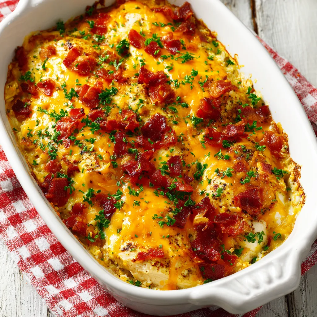 A close-up shot showcases a freshly baked Chicken Casserole with a golden-brown crust, ready to be served.