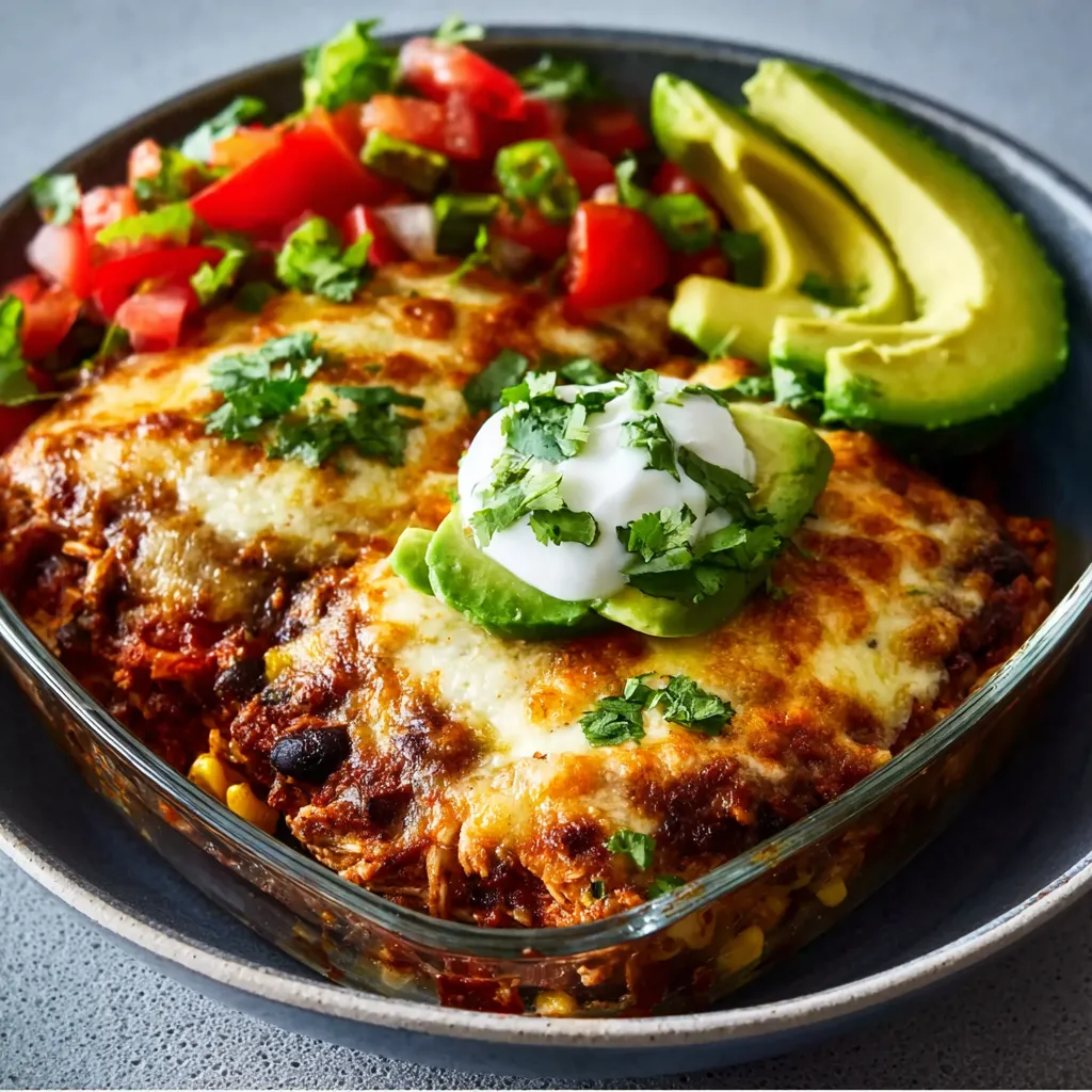 Close-up shot showcases the delicious layers of a freshly made Chicken Enchilada Bowls, ready to eat.