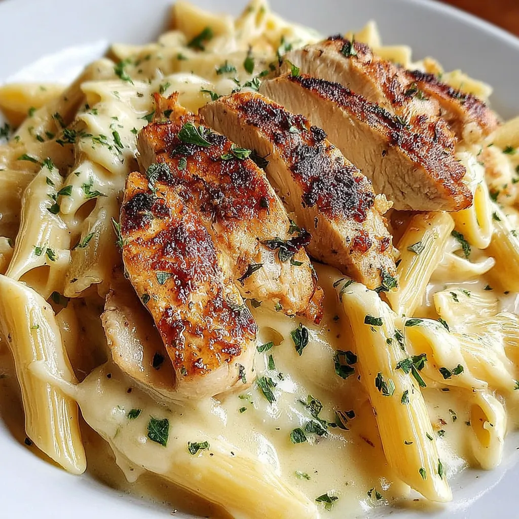 Chicken Mozzarella Pasta Close-Up Close-up shot of creamy Chicken Mozzarella Pasta in a bowl, ready to eat.