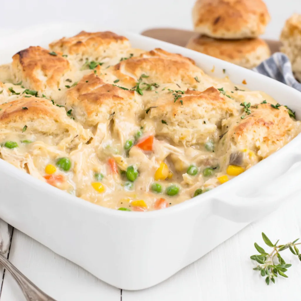 A close-up shot of a freshly baked Chicken Pot Pie Casserole, showcasing its golden-brown crust and creamy filling.
