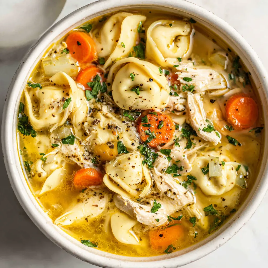 Chicken Tortellini Soup Close-Up A comforting bowl of Chicken Tortellini Soup is shown as a delicious and hearty second helping.