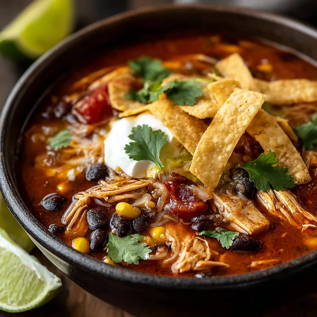 A close-up shot showcasing the vibrant ingredients and textures of homemade Chicken Tortilla Soup.
