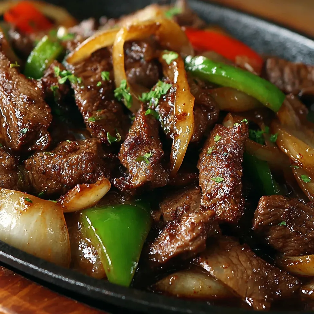Close-up shot of flavorful Chinese Pepper Steak, showcasing the glistening sauce and tender beef strips.