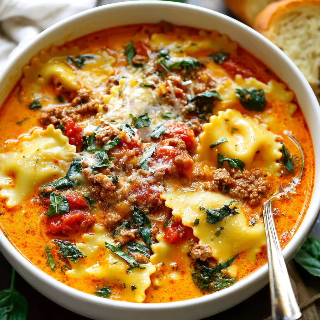 Close-up view of a bowl of delicious Lasagna Soup, showcasing the layers of pasta, meat, and cheese.