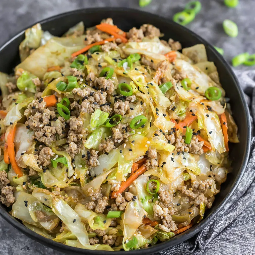 A close-up shot showcases a delicious serving of Egg Roll In A Bowl, highlighting the colorful mix of vegetables and protein.