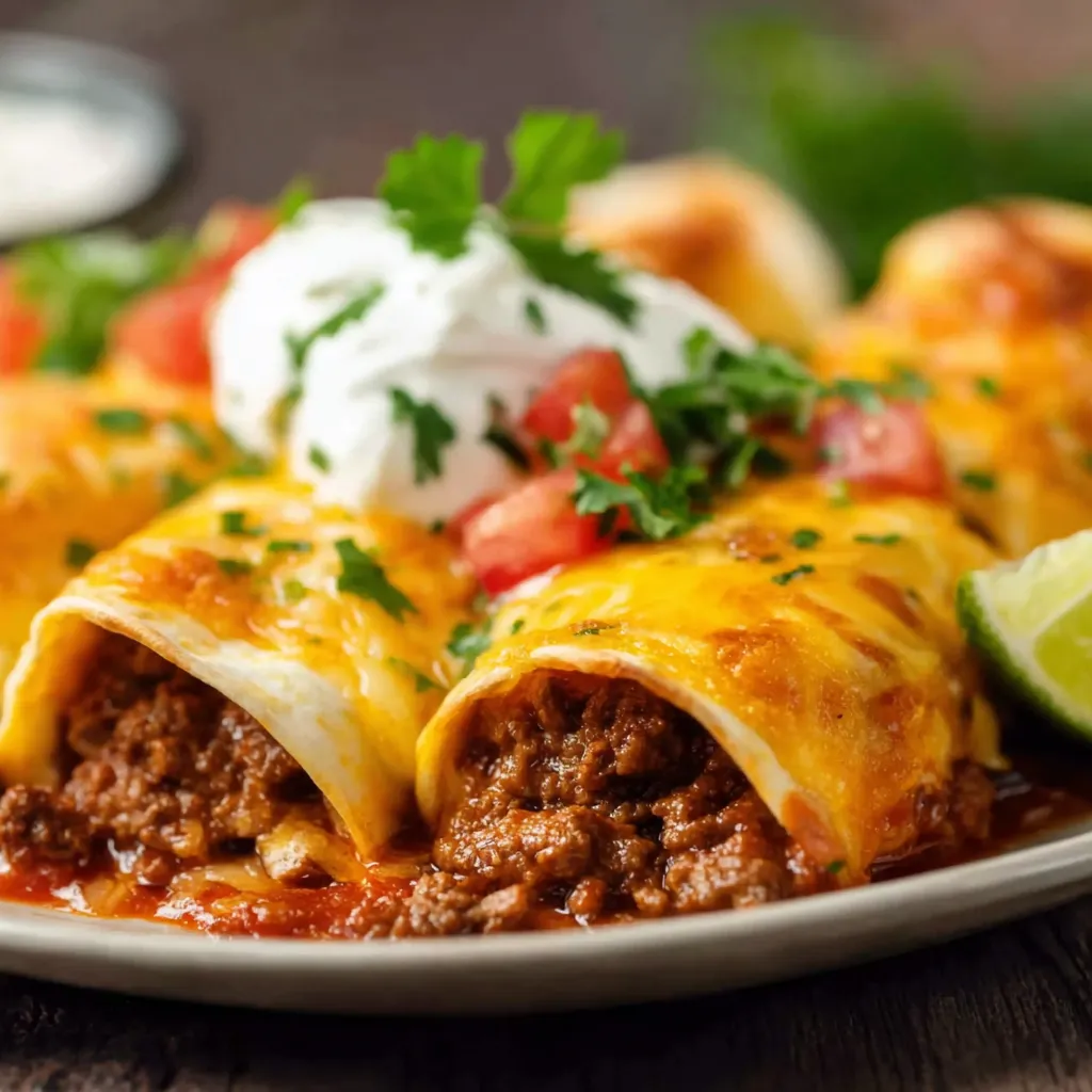 A close-up shot shows a pan filled with cheesy Ground Beef Enchiladas, ready to be served.