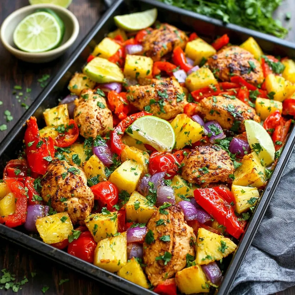 Close-up of a colorful Hawaiian Chicken Sheet Pan Bake, showcasing pineapple, bell peppers, and glazed chicken.
