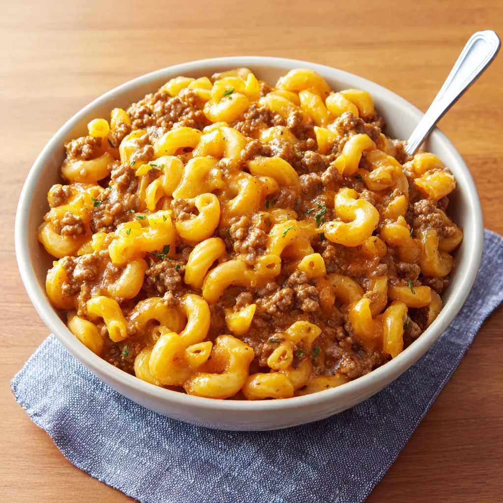 Close-up of a freshly cooked pan of Homemade Hamburger Helper, showcasing its creamy texture and savory ground beef.