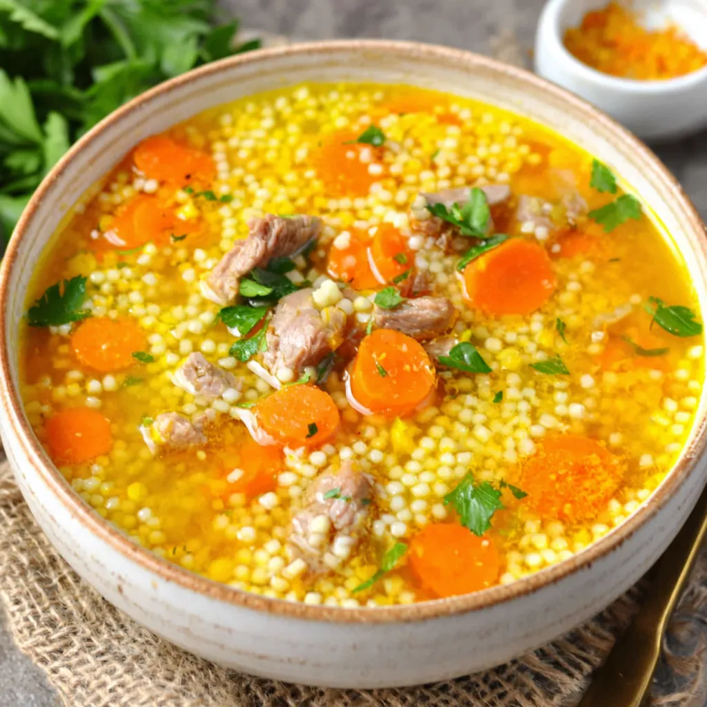 A close-up shot of comforting Italian Penicillin Soup, ready to be enjoyed.