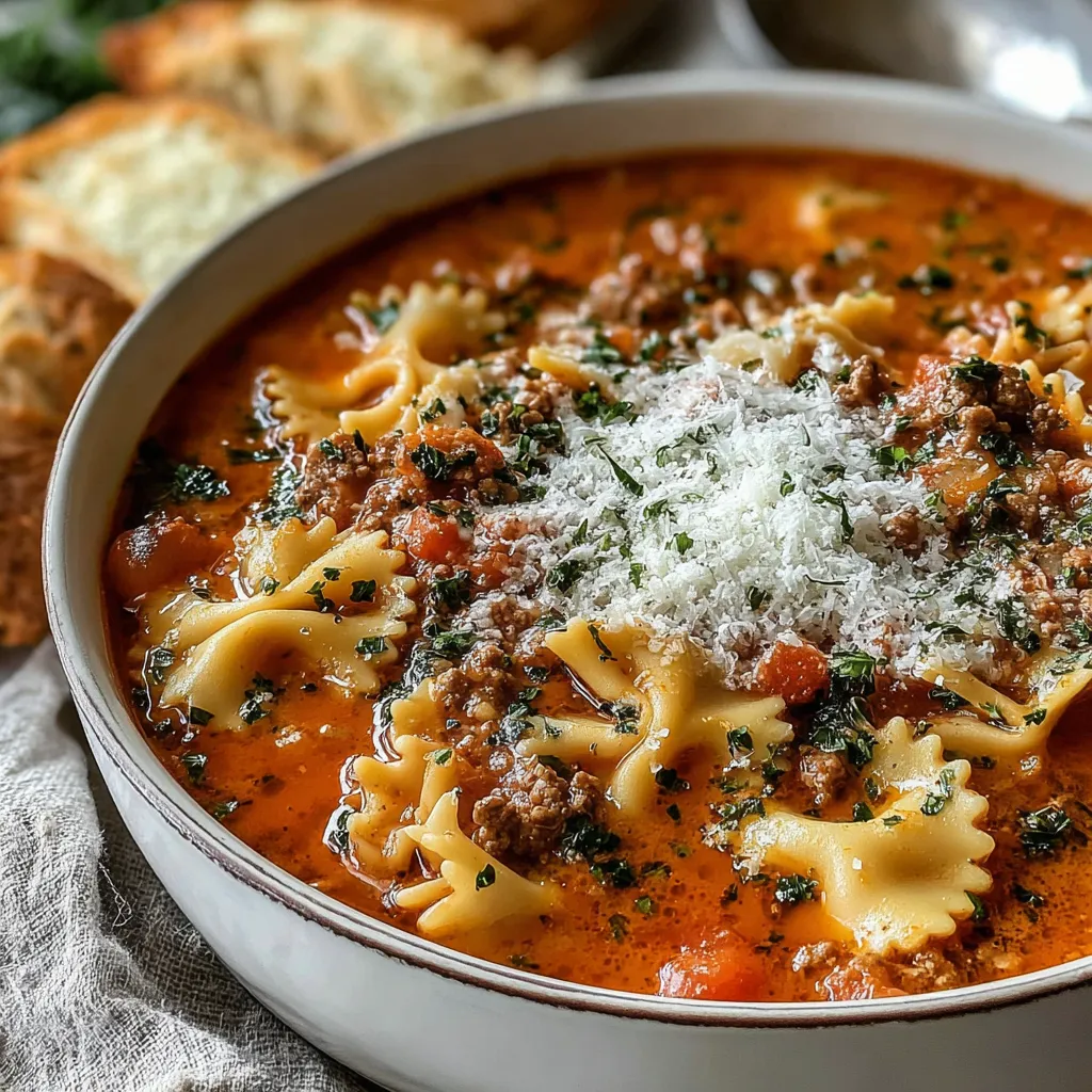 One Pot Lasagna Soup Recipe A close-up shot showcases a delicious bowl of One Pot Lasagna Soup, filled with noodles, meat, and vegetables in a rich tomato broth.