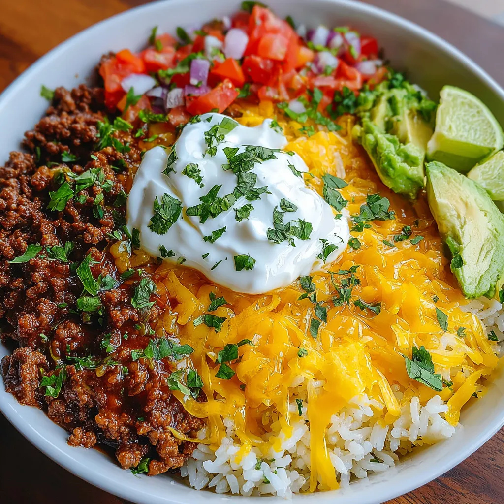 Close-up shot showcasing a delicious Taco Rice Bowl with seasoned ground beef, vibrant toppings, and fluffy rice.