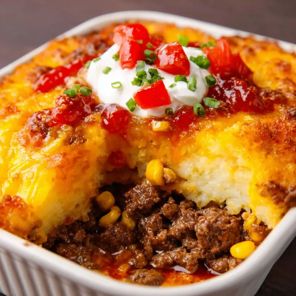 A close-up shot shows a bubbling, cheesy Cowboy Casserole, ready to be served.