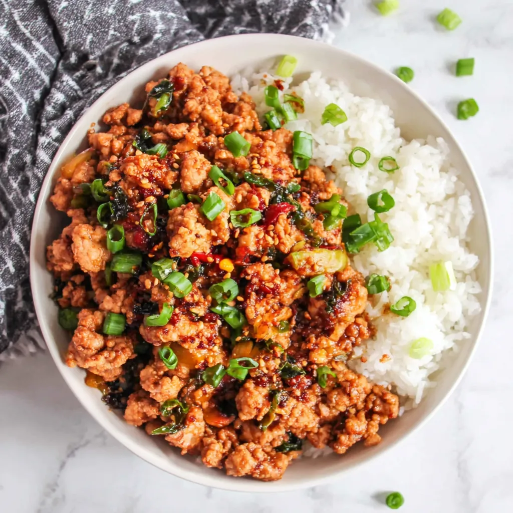 Close-up of a delicious Firecracker Ground Chicken Bowl, showcasing the vibrant colors and textures of the ingredients.