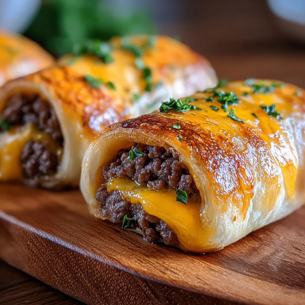 Close-up view of finished Garlic Butter Beef Cheeseburger Rollups, showcasing the melted cheese and golden-brown crust.