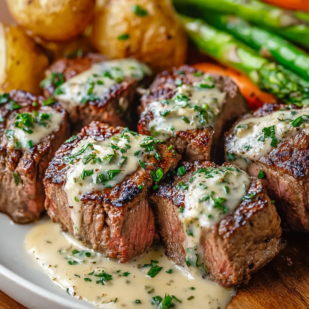 Close-up of a juicy Garlic Butter Steak, sizzling and ready to eat, showcasing the delicious melted butter and garlic.