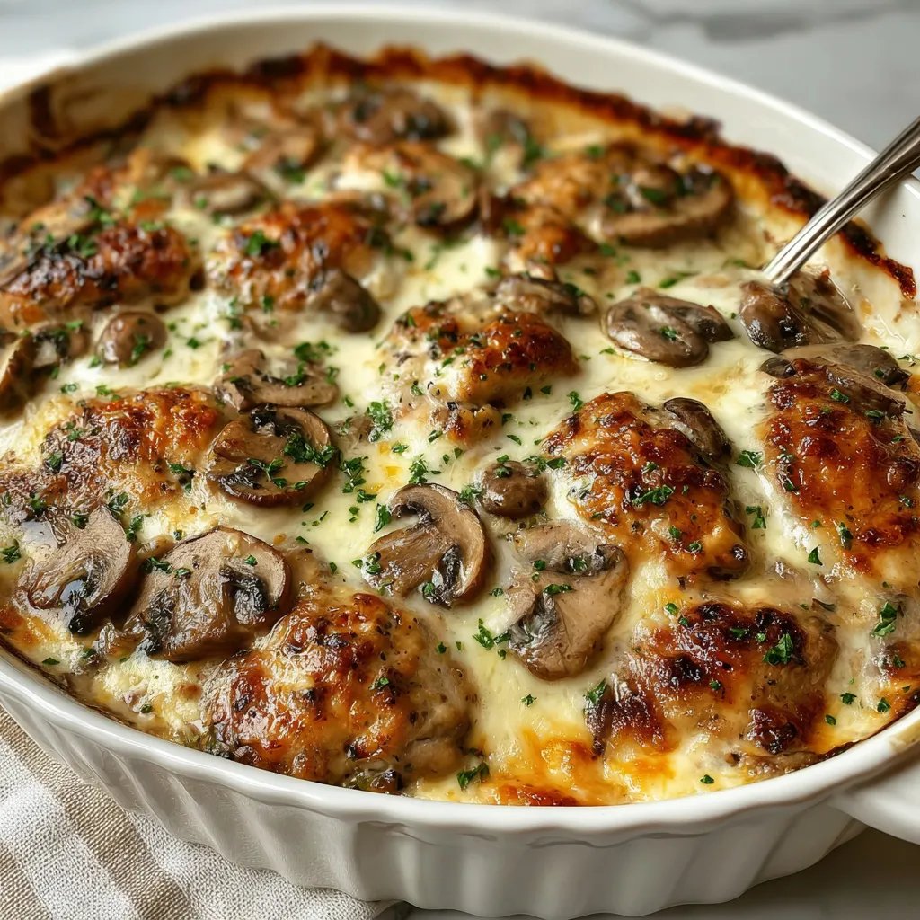 A close-up shows a bubbling, golden-brown Garlic Mushroom Chicken Casserole, fresh from the oven and ready to serve.