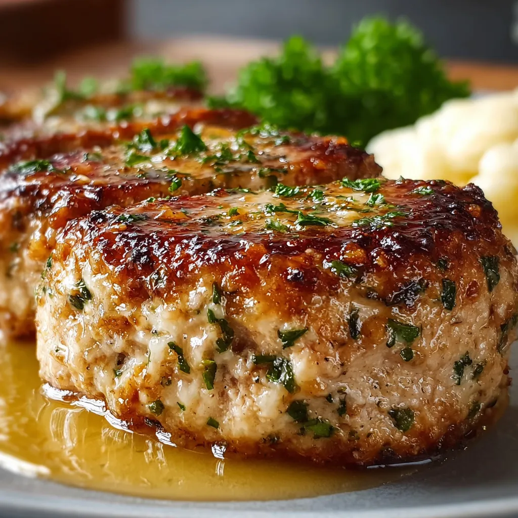 Close-up of a baked Garlic Parmesan Chicken Meatloaf showing its golden-brown crust.