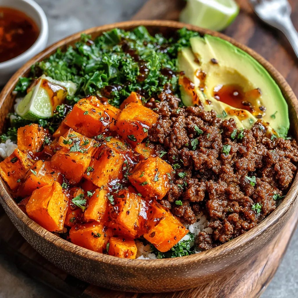 Close-up of a delicious Ground Beef Hot Honey Bowl ready to be eaten.