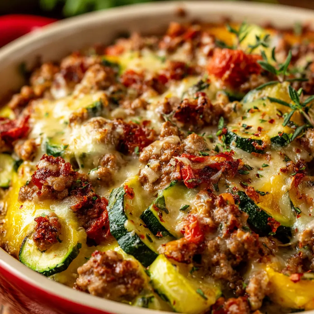 A delicious Ground Turkey Zucchini Casserole is pictured, showcasing the creamy and cheesy topping after baking.