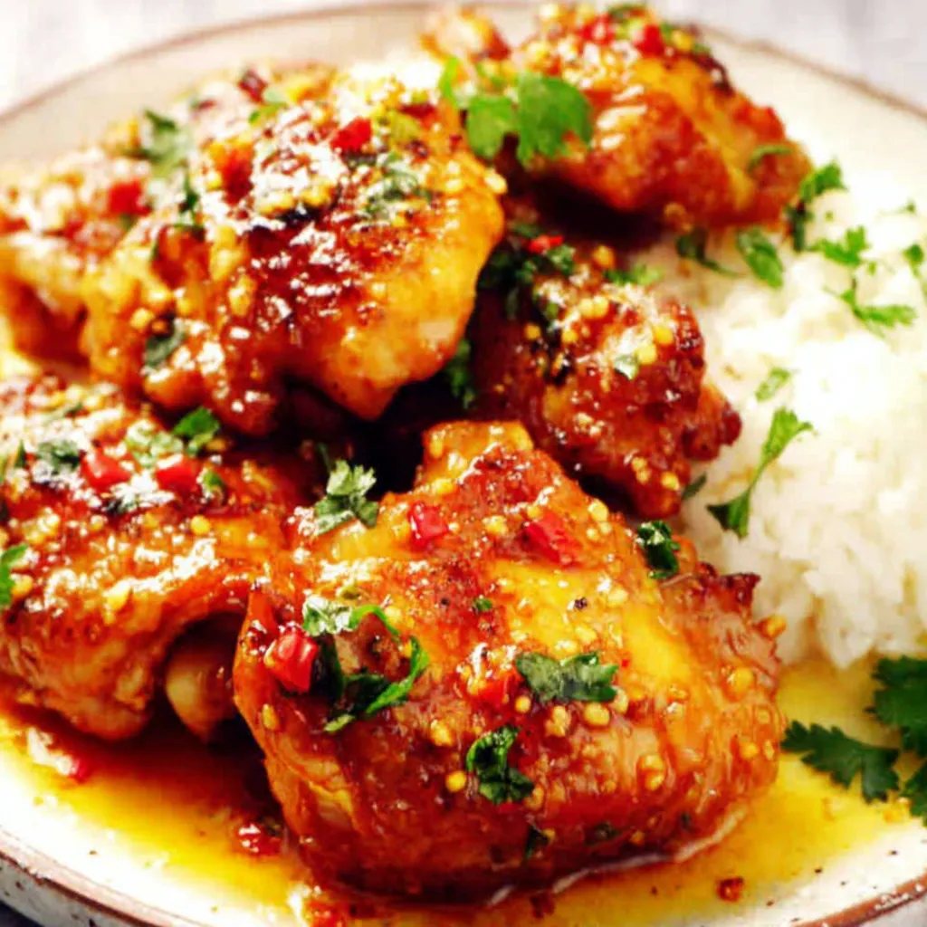 Close-up view of glistening Honey Garlic Chicken pieces, showcasing its sticky, flavorful sauce.
