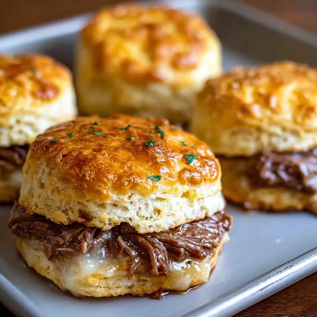 Close-up view of golden brown Baked French Dip Biscuits, showcasing their savory, cheesy filling.