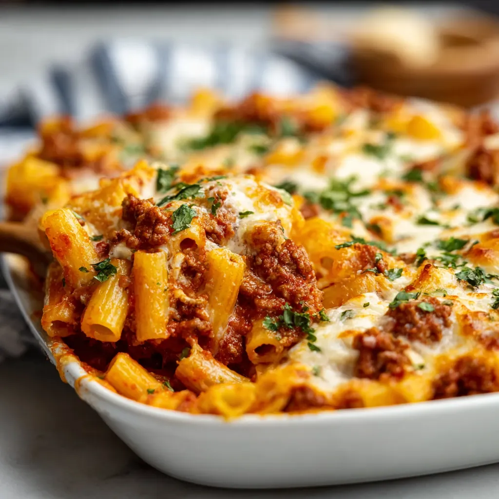 Close-up of a delicious Baked Ziti dish ready to be served.