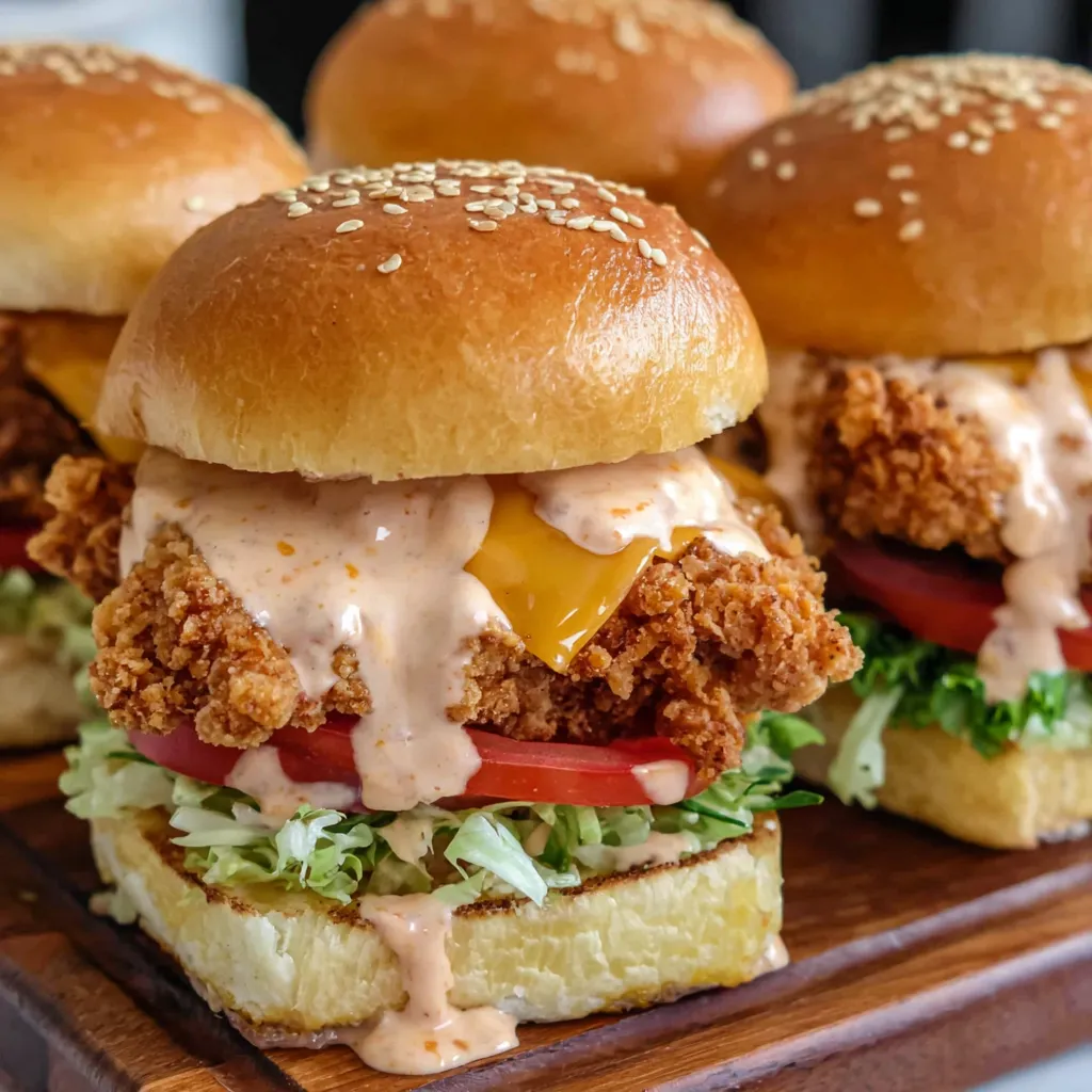 Close-up showing the creamy, spicy sauce and crispy chicken of Bang Bang Chicken Sliders.
