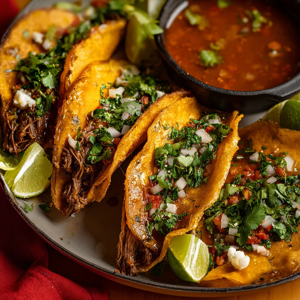 Close-up shot of juicy Birria Tacos, showcasing the tender meat and flavorful broth.