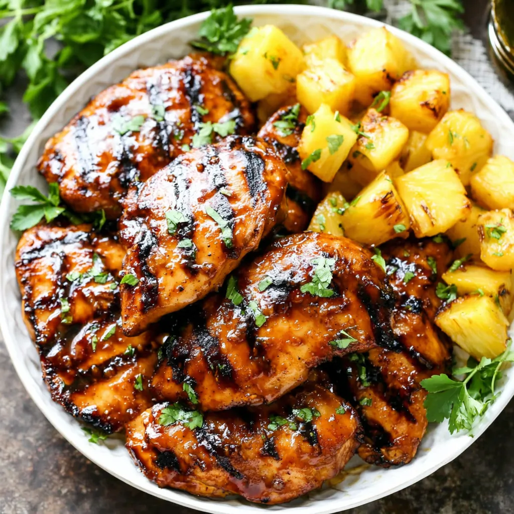 Brown Sugar Pineapple Chicken Recipe Close-up shot of delicious Brown Sugar Pineapple Chicken showcasing the glaze and pineapple chunks.
